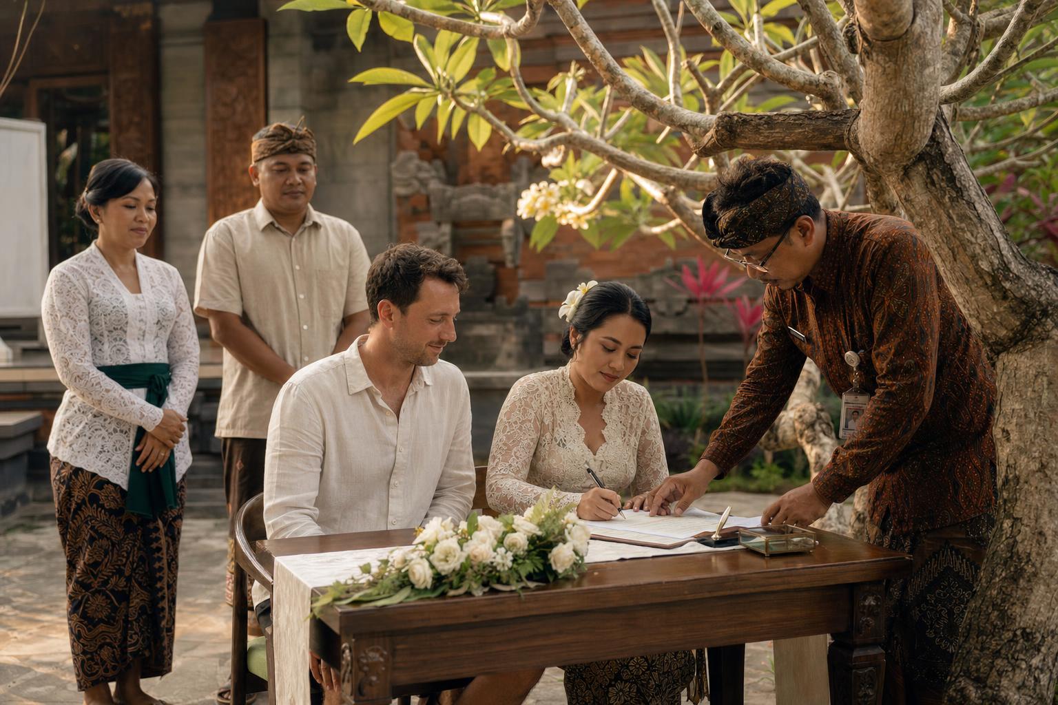 Couple signing their marriage registration papers at an outdoor ceremony in Bali