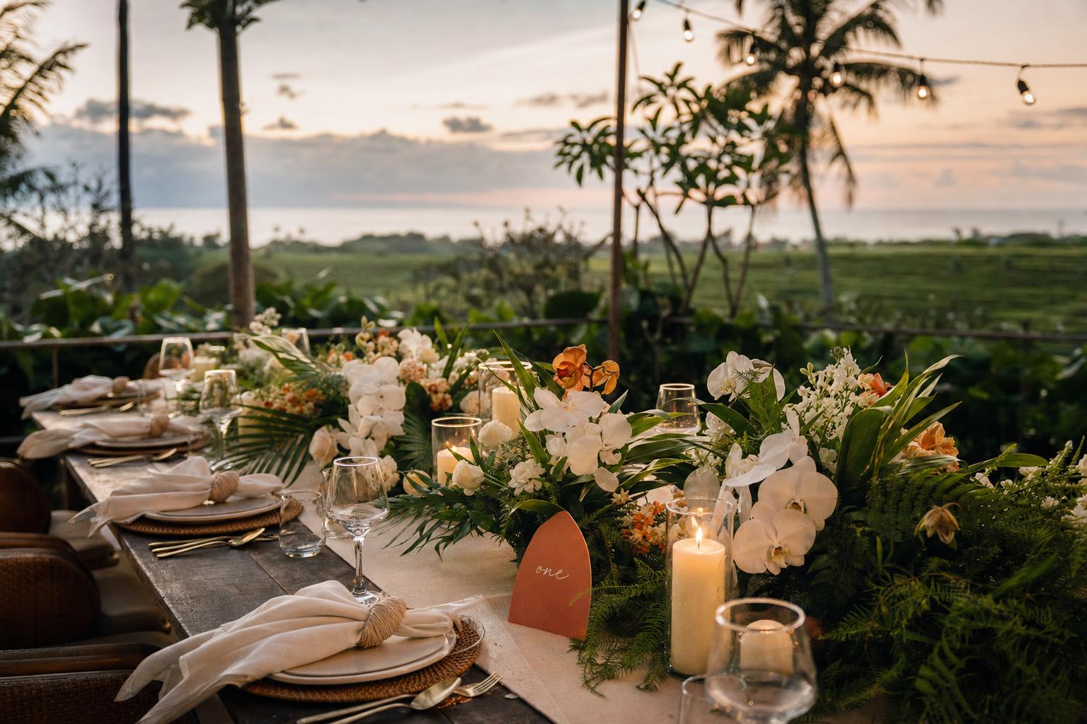 An elegant outdoor wedding reception table set for dinner at golden hour in a tropical Balinese garden