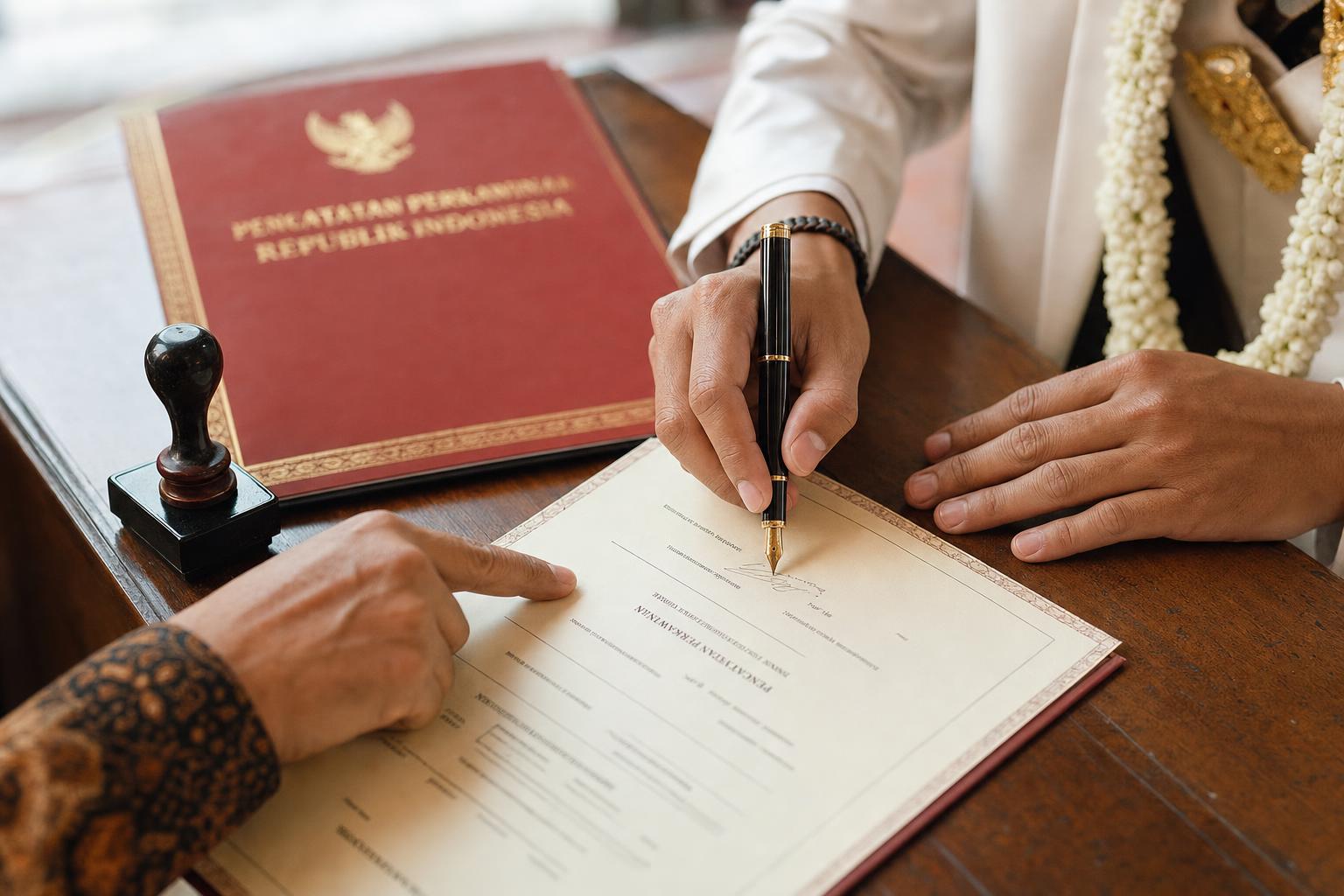 An Indonesian marriage certificate being stamped at a civil registry desk