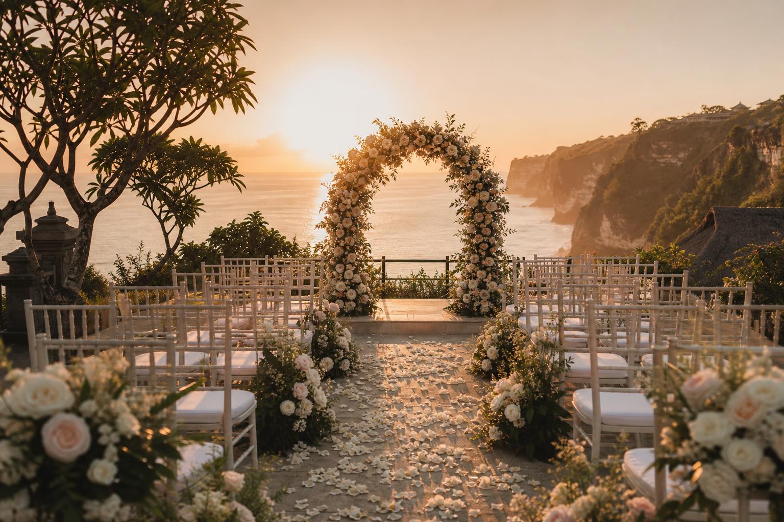 Clifftop wedding ceremony with a floral arch overlooking the ocean at sunset in Bali