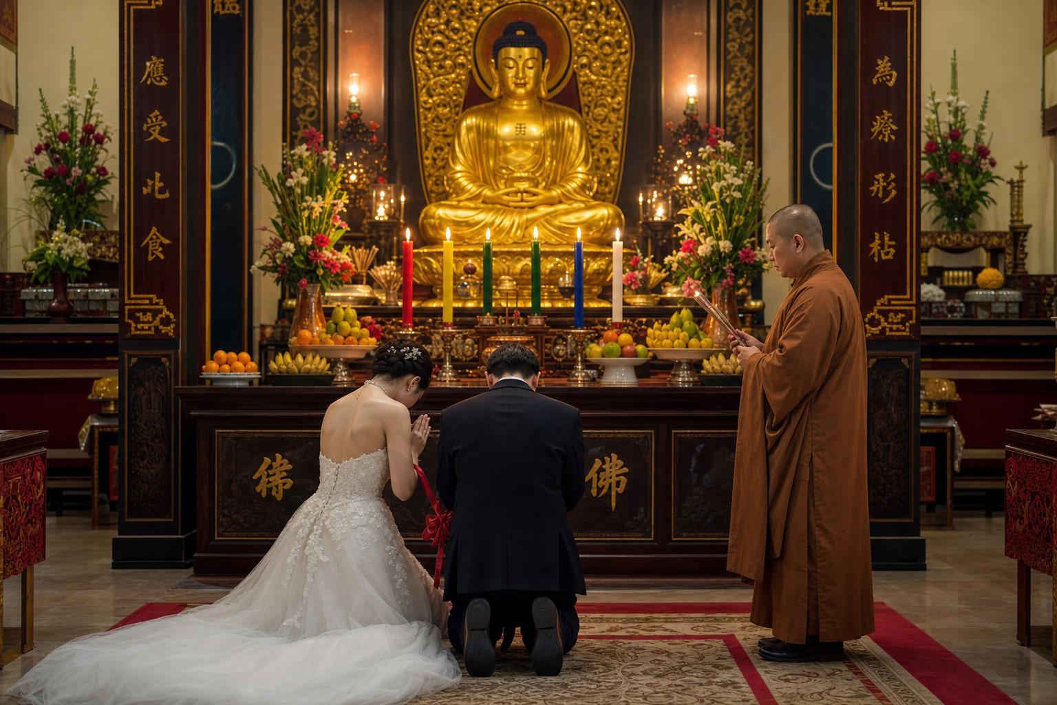 Buddhist wedding couple kneeling before the Buddha altar with a monk and five coloured candles in a Bali vihara