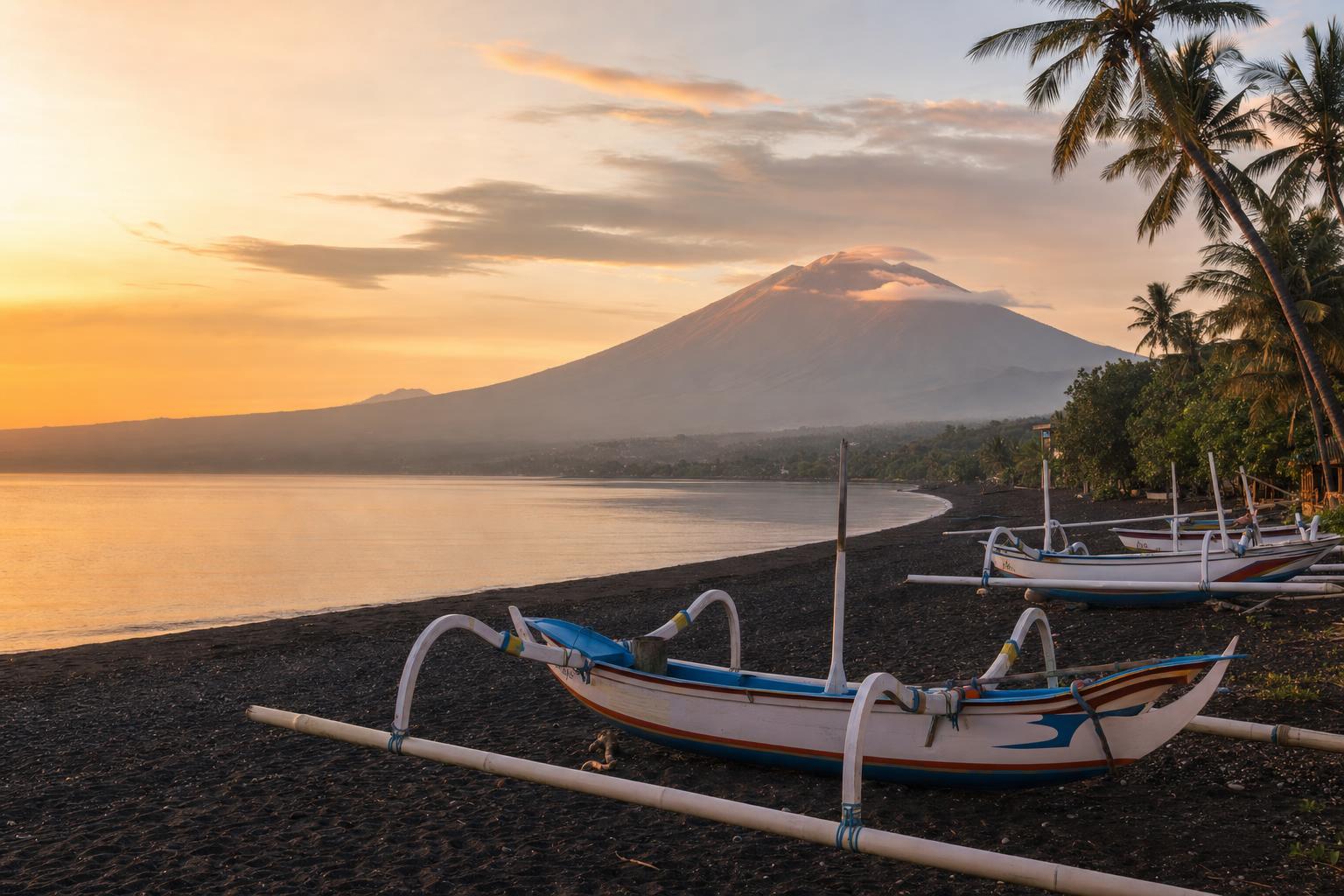 Quiet black-sand beach wedding setting in Amed, Bali