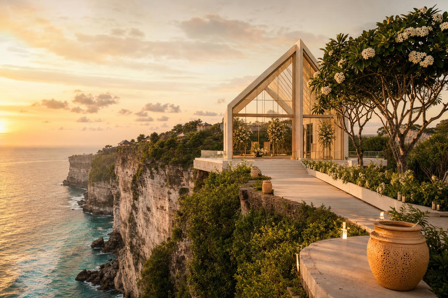 Clifftop wedding ceremony at sunset in Uluwatu, Bali