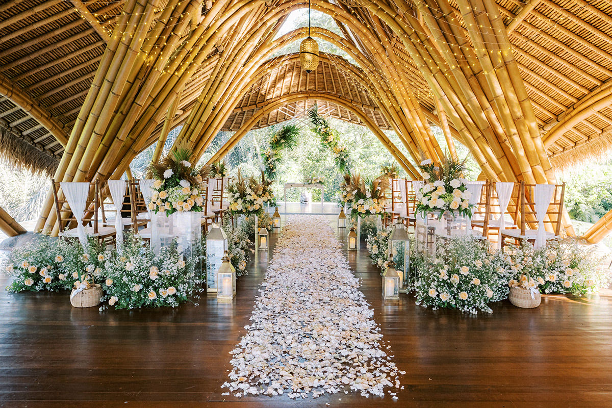 Bamboo chapel wedding setup at Aksari Resort Ubud in Kenderan village near Ubud, over the green valley