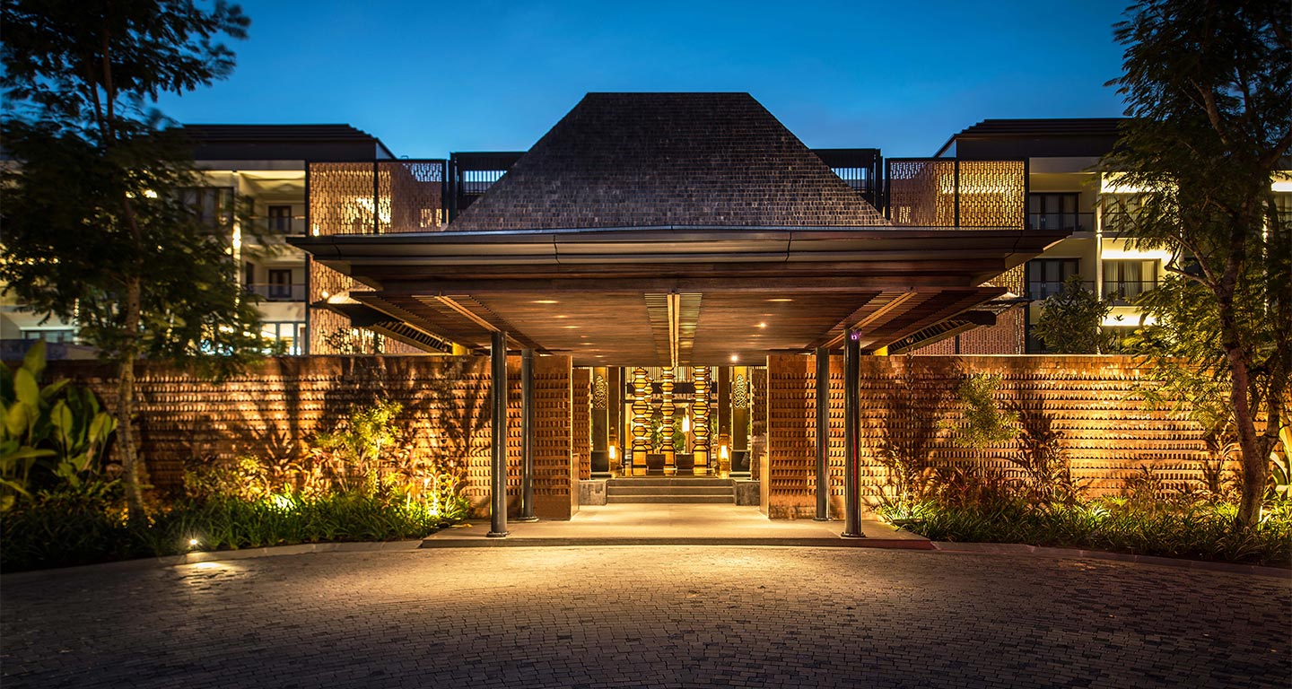 The beachfront and pool at The Anvaya Beach Resort Bali in Kuta, facing the Indian Ocean