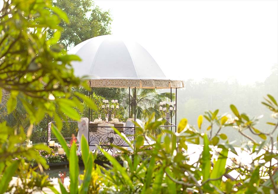 A bamboo wedding chapel set in the jungle at Kupu Kupu Barong Villas in Kedewatan, Ubud, above the Ayung River valley