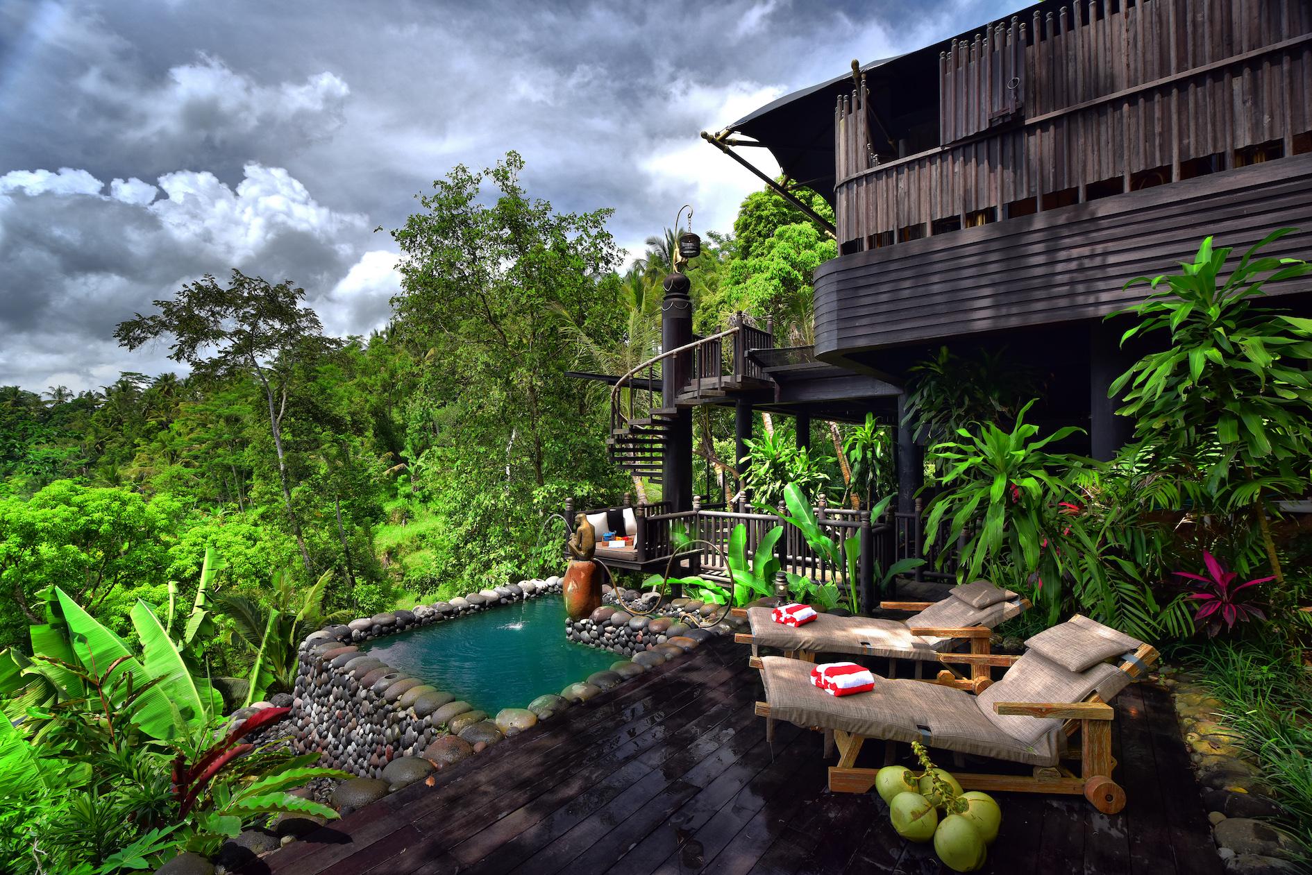 Capella Ubud tented camp designed by Bill Bensley on a ridge above the Wos River valley in Keliki village near Ubud