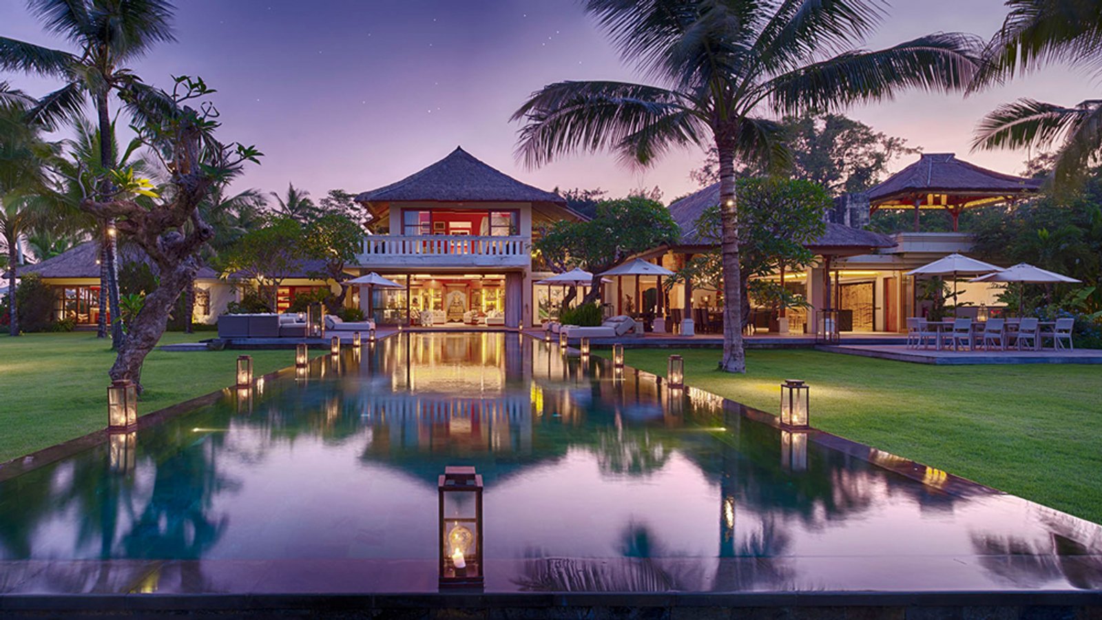 Kaba Kaba Estate villa and gardens at dusk on royal land in Tabanan