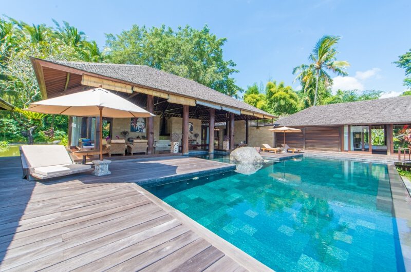 Villa Kamaniiya's pool and open pavilion above the Ayung River valley in Sayan, Ubud
