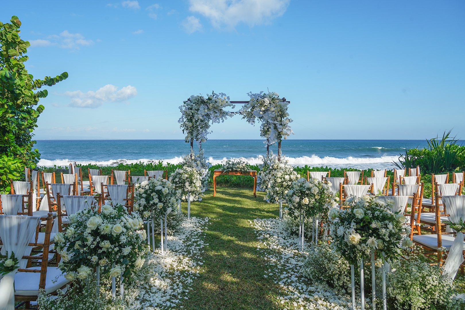 A wedding setting at a Komaneka boutique resort in the hills of Ubud, above a river valley