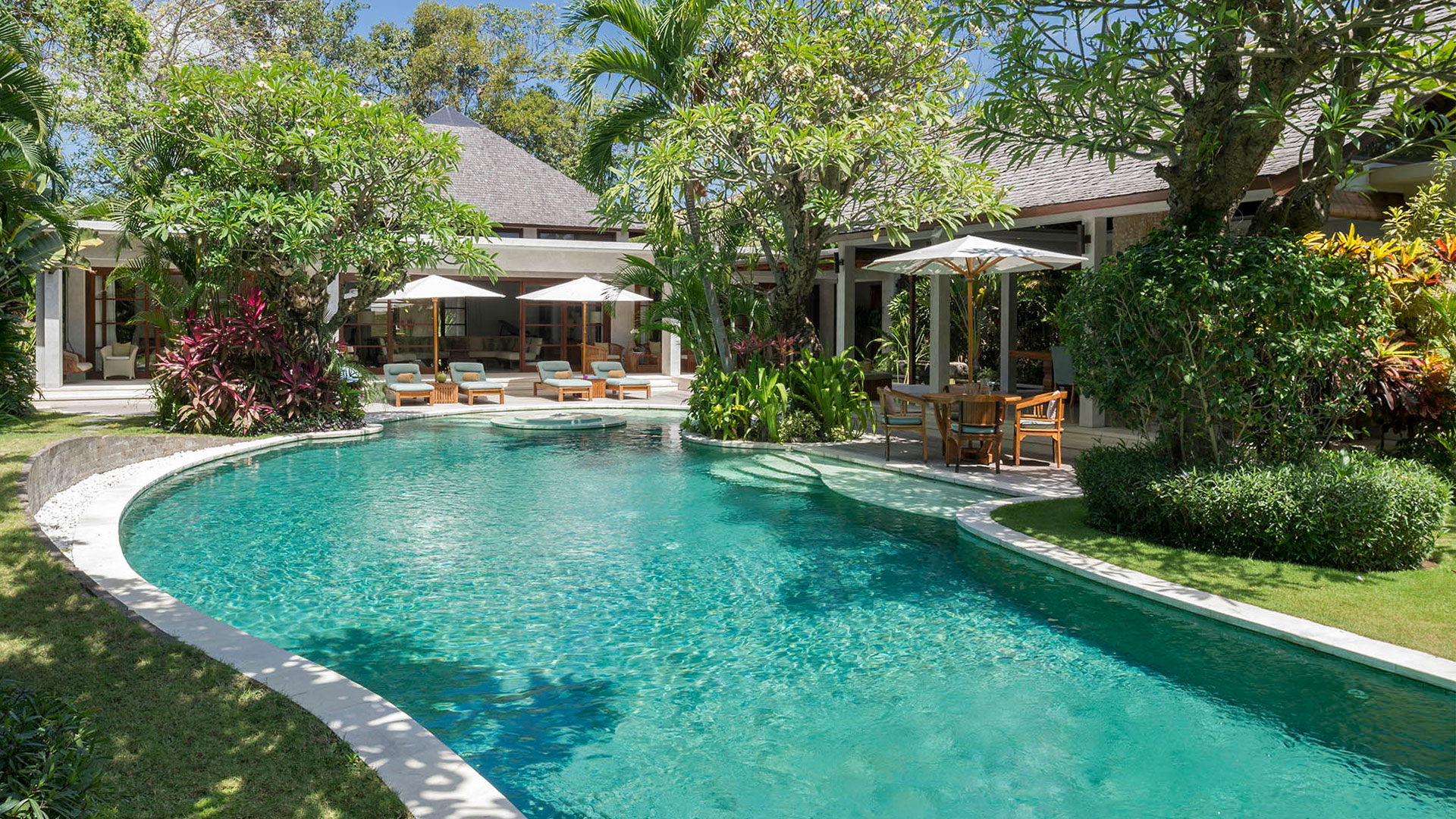 Pool and garden at Lataliana Villas, a Seminyak villa estate set up for a private wedding