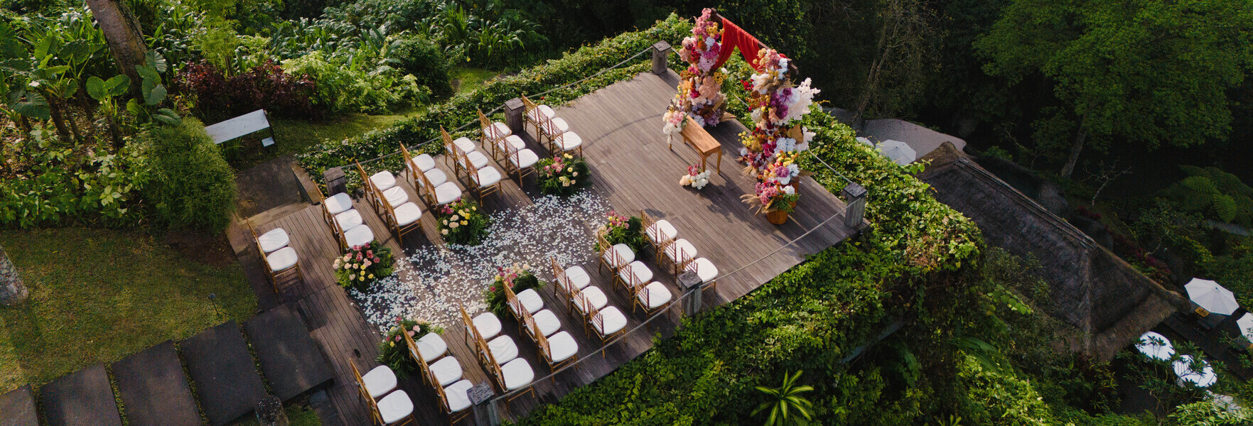 Maya Ubud Resort & Spa in Peliatan, Ubud, with wedding setup above the Petanu River valley