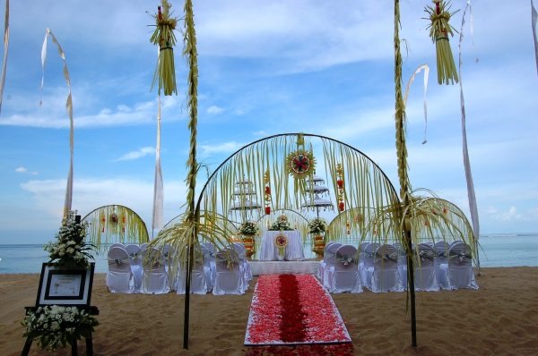 Beach wedding setup on the sand at Hotel Nikko Bali Benoa Beach, Tanjung Benoa