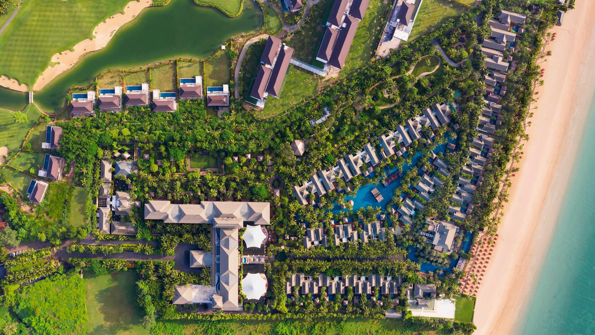 Aerial view of The St. Regis Bali Resort beachfront and grounds in Nusa Dua