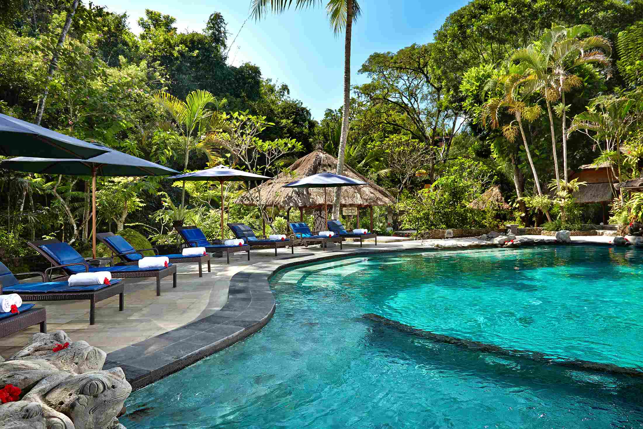 Spring-fed swimming pool set into the carved Balinese hillside gardens at Hotel Tjampuhan & Spa, Ubud