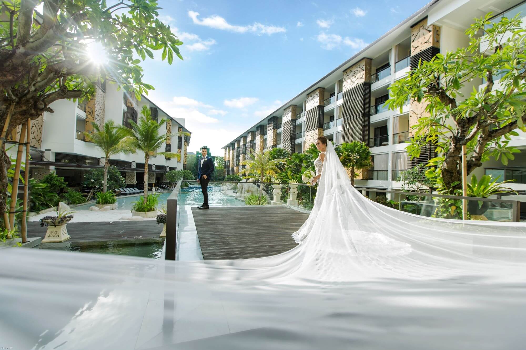 An outdoor wedding ceremony set up in the grounds of The Trans Resort Bali in Seminyak