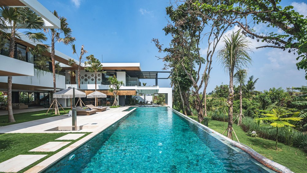 Villa Nica's 25-metre saltwater pool with modern architecture overlooking rice fields in Pererenan, Canggu