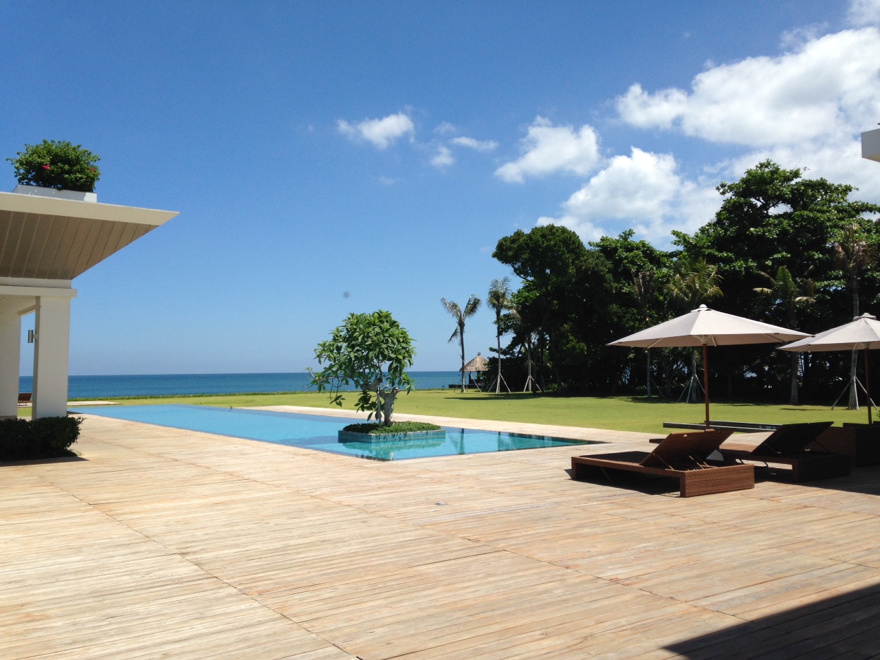Villa Ombak Biru's beachfront lawn and pool facing the ocean on Batu Belig Beach near Seminyak