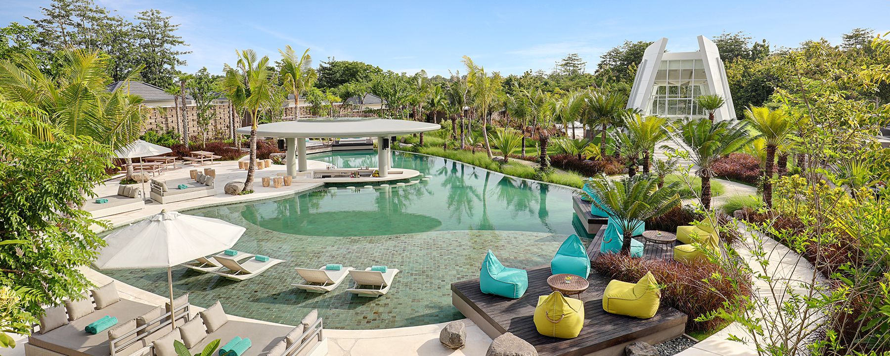 Cross Bali Breakers resort on the cliff above Balangan Beach, the surf and Indian Ocean beyond, on Bali's Bukit peninsula